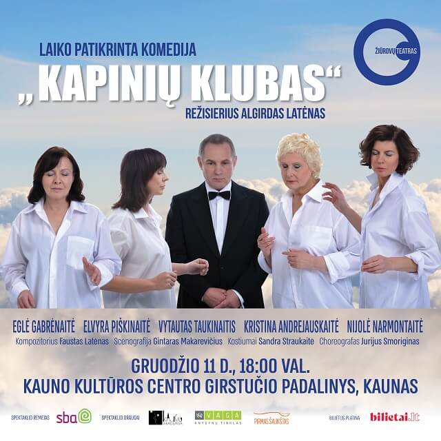 Spektaklio plakatas vaizduojantis 4 moteris su baltais marškiniais ir viduryje vyrą su kostiumu.
