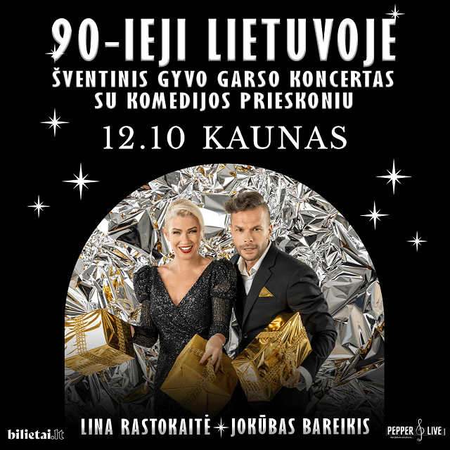 Koncerto plakatas, kurio viduje yra Lina Rastokaitė ir Jokūbas Bareikis.